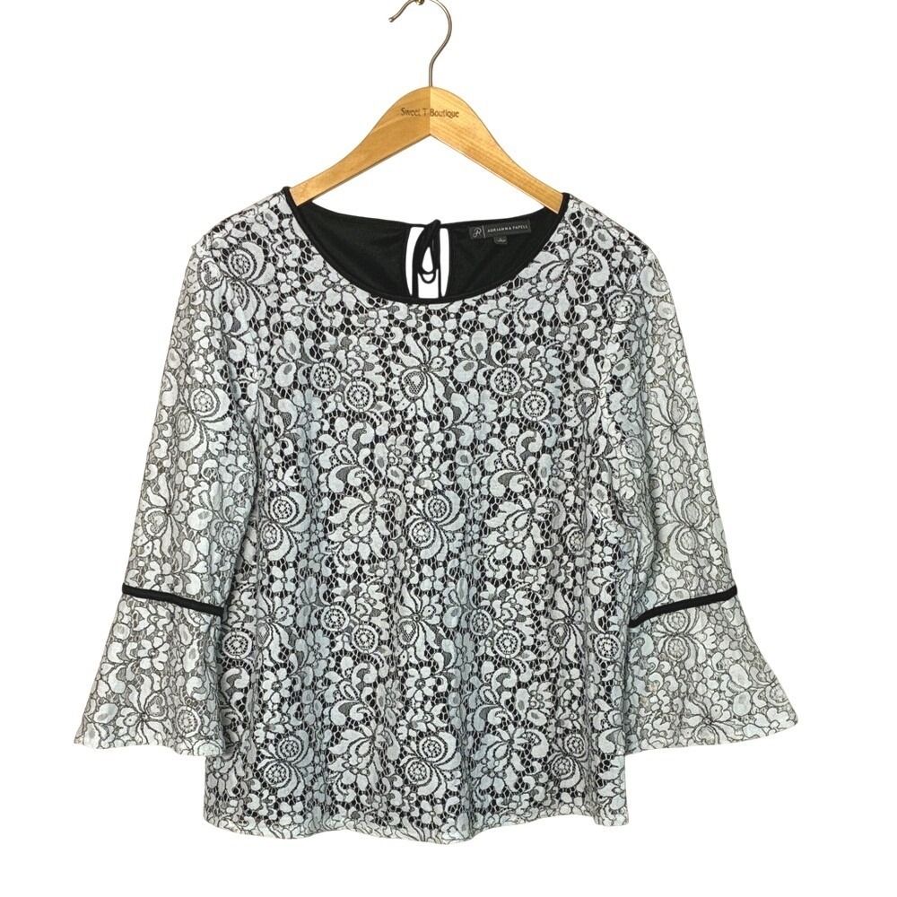 ADRIANNA PAPELL Large Black White Lace Overlay Bell Sleeve Boho‎ Top Event